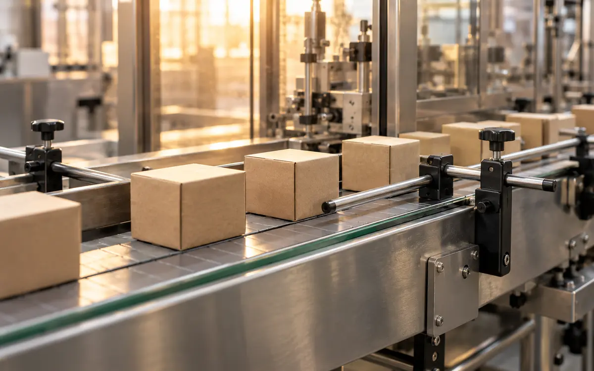 Plain cartons on an automated packaging conveyor