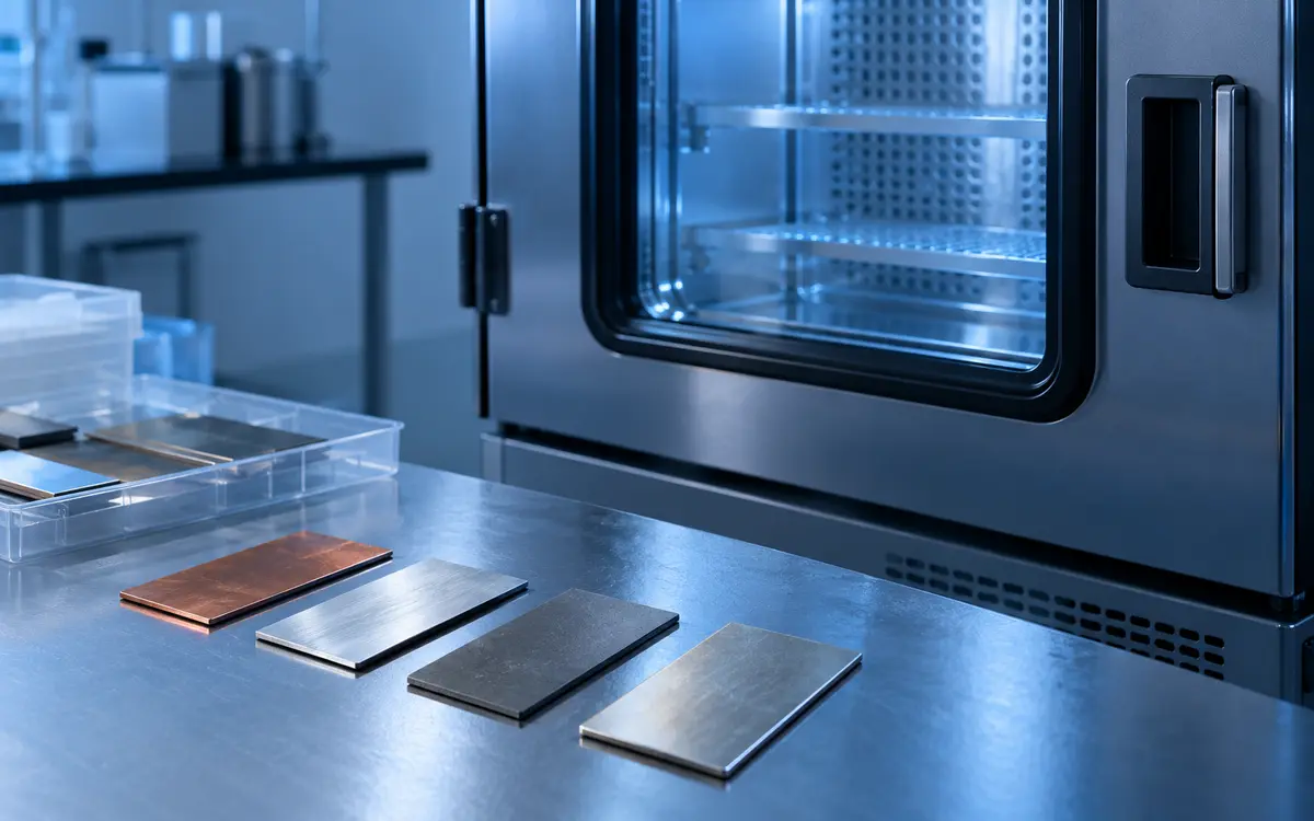 Electrode research samples beside a laboratory chamber