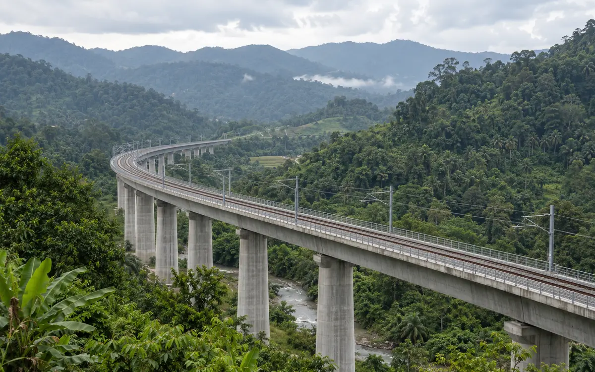 Railway viaduct across a tropical valley