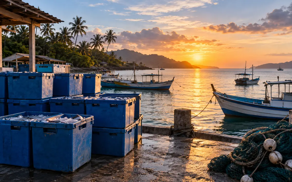 Fish crates beside a coastal landing dock