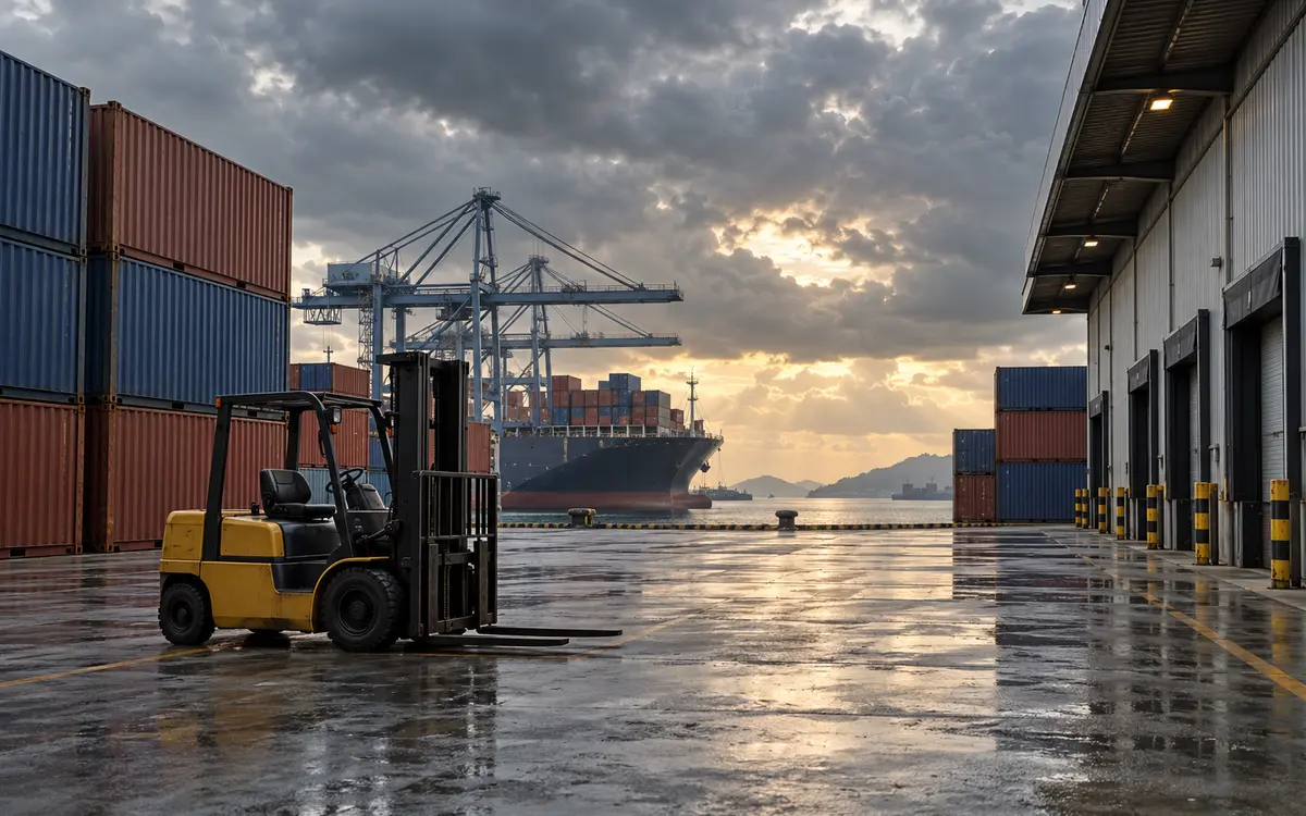 Container yard beside a port warehouse