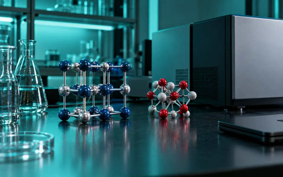 Atomic models beside research computing equipment