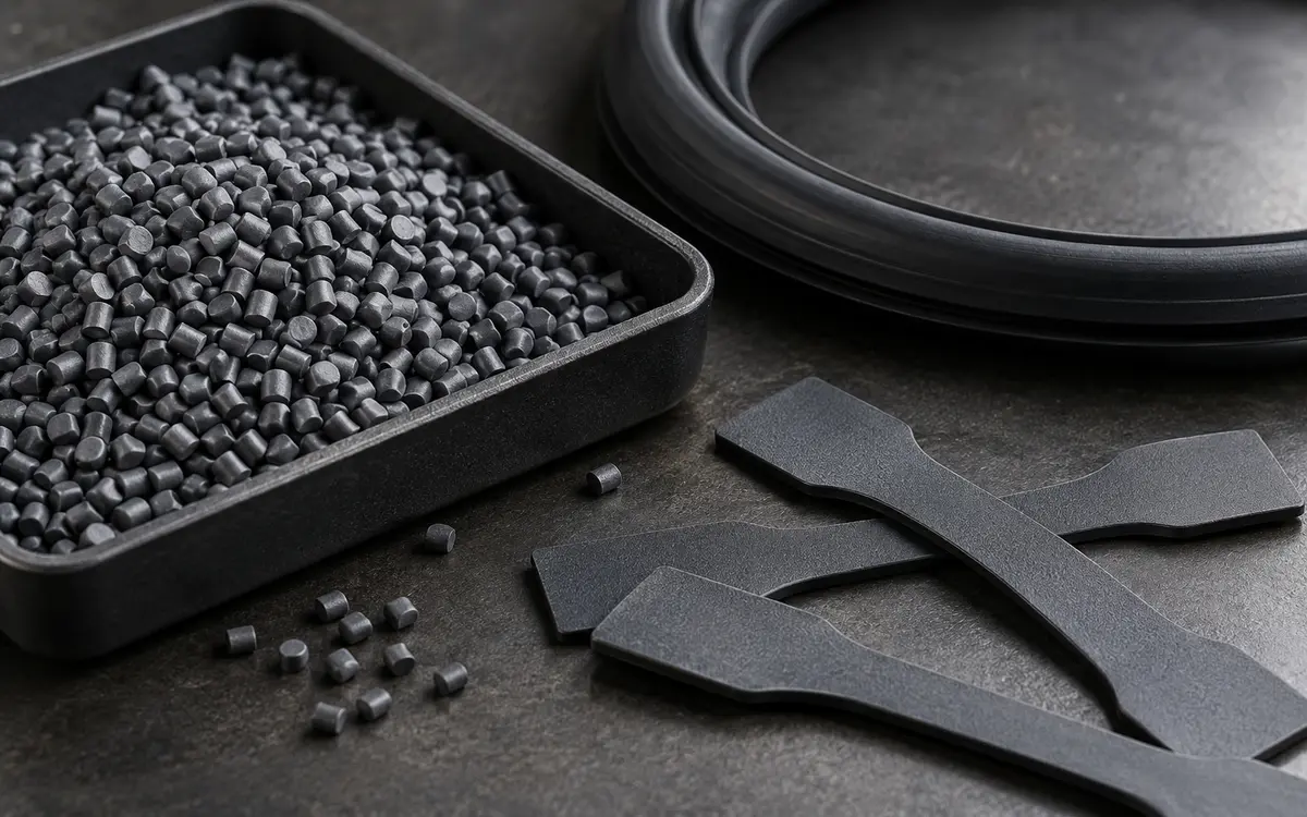 Elastomer pellets beside flexible component samples