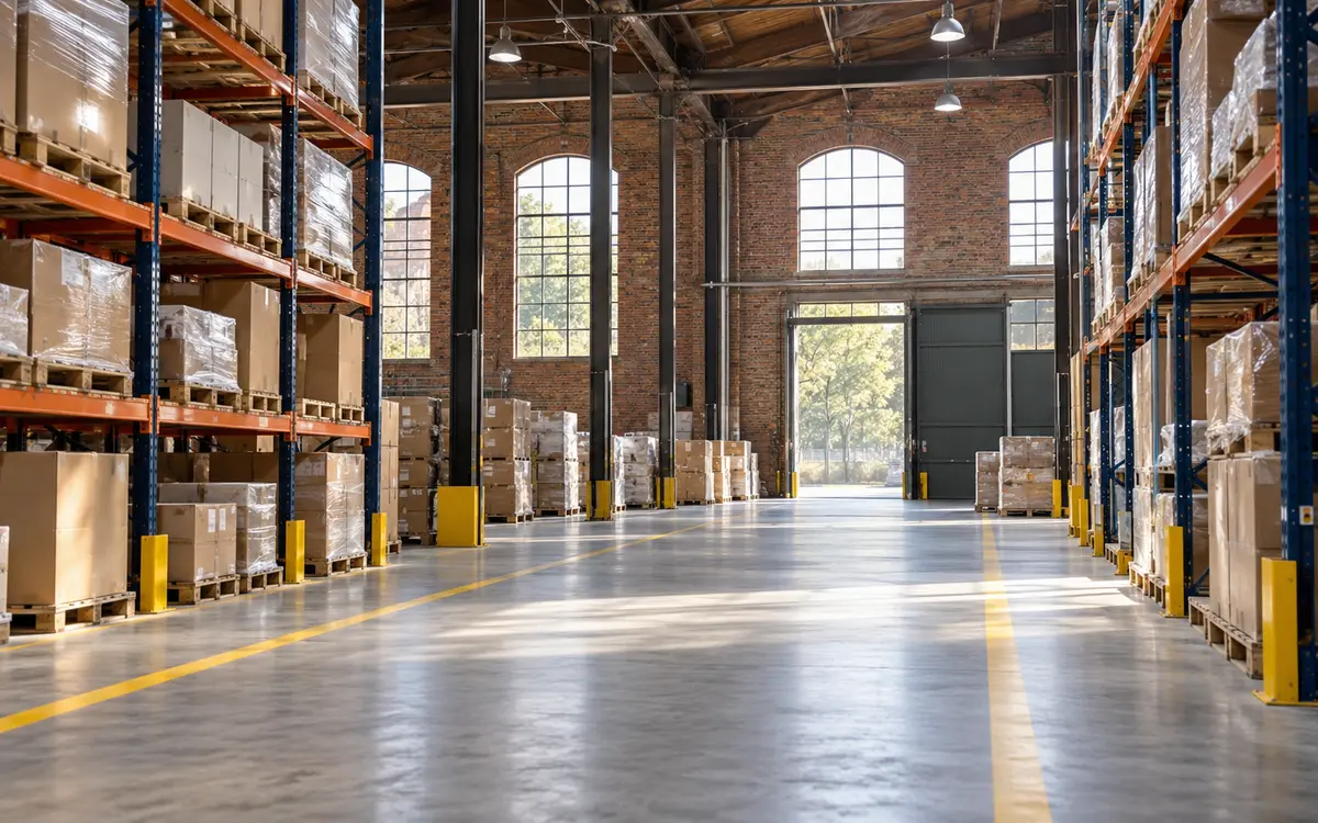 Industrial warehouse with storage and dispatch lanes