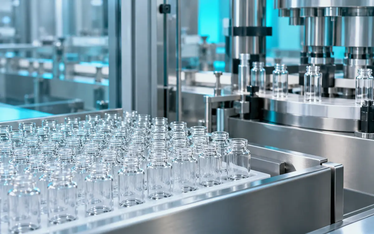 Unlabelled vials beside packaging equipment