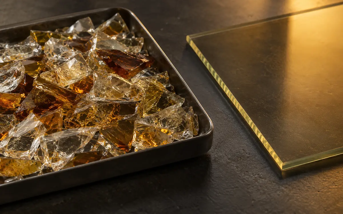 Recovered glass pieces beside a sample sheet