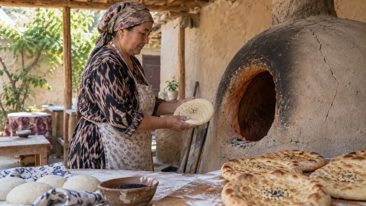 Bread baking in a traditional clay oven